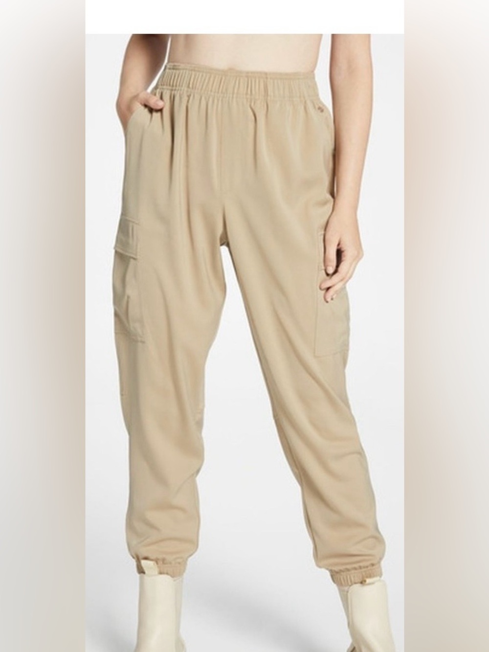 Calia Tan Satin Elastic Waist Pull-On Cargo Pants Size Large